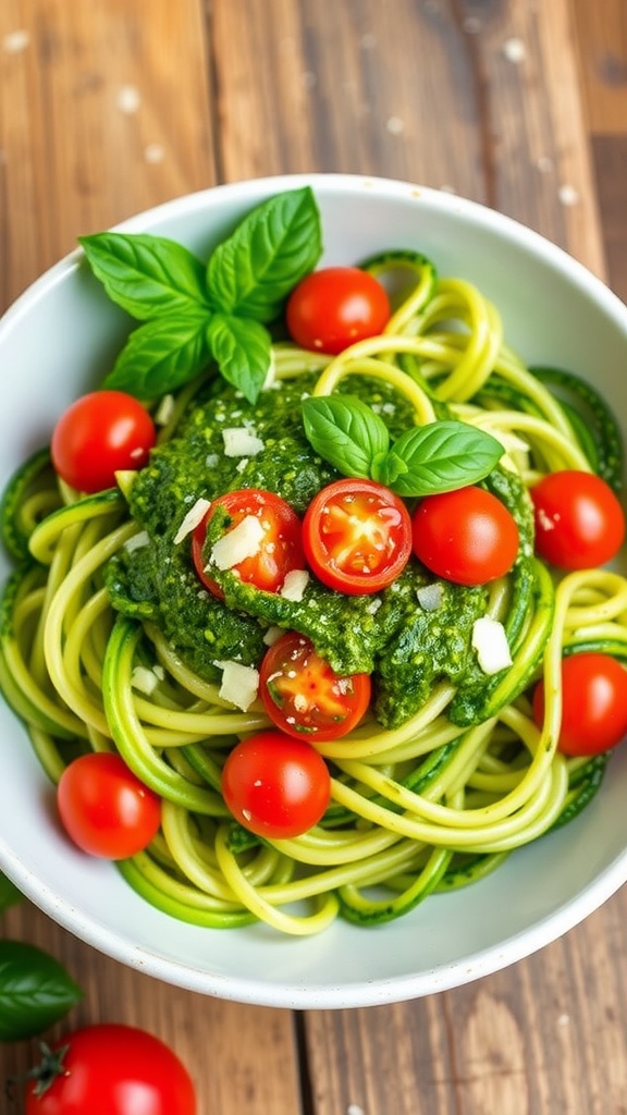 Zucchini noodles with pesto and cherry tomatoes, garnished with basil and Parmesan, on a rustic wooden table.